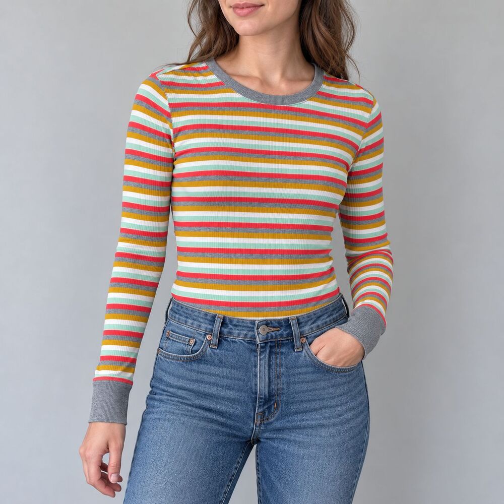 Free People Intimately Top Womens S Striped Ribbed Long Sleeve Gray Trim Flaw
